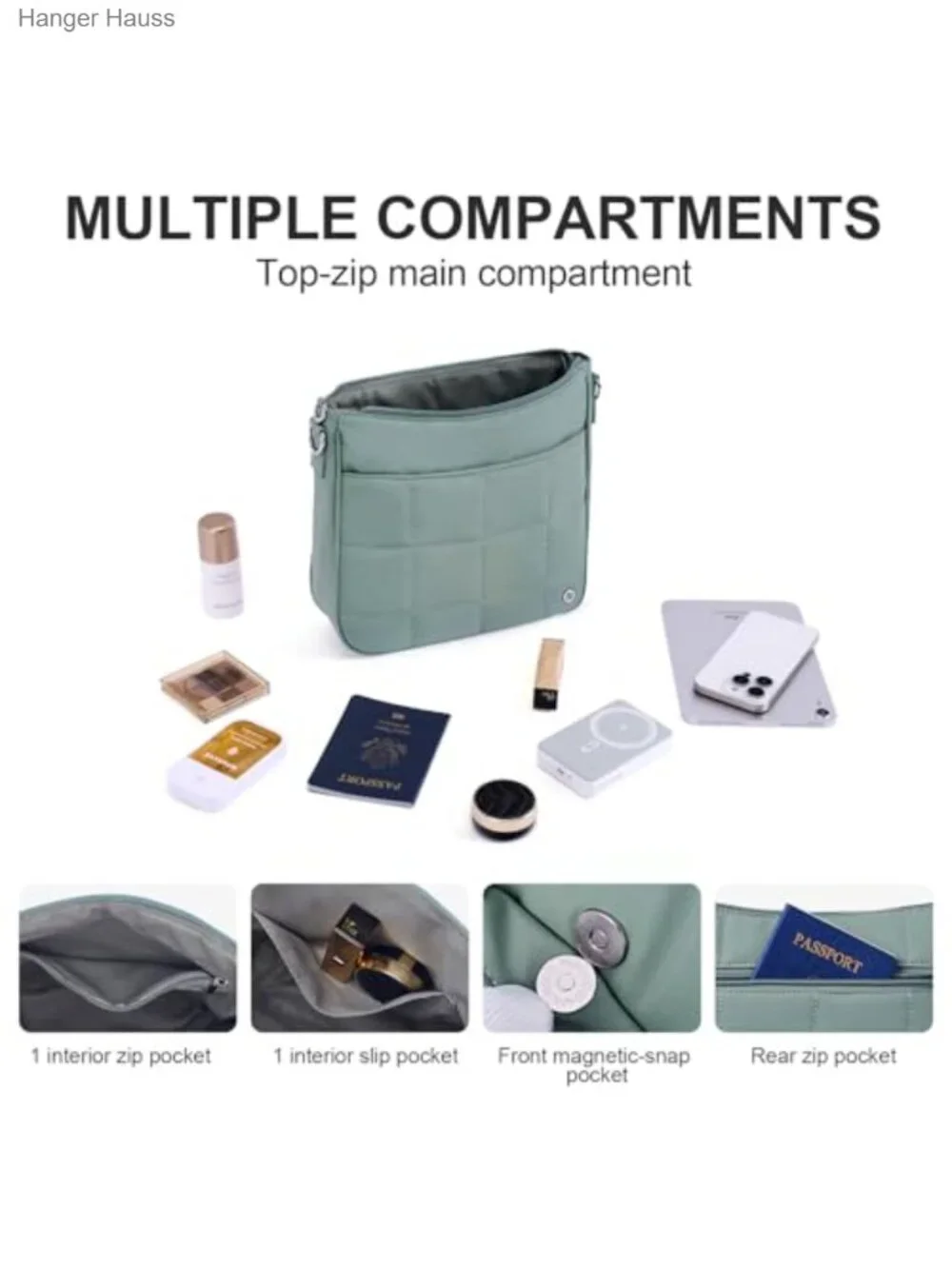 Quilted Nylon Anti-Theft Crossbody Hobo Bag with Adjustable Strap